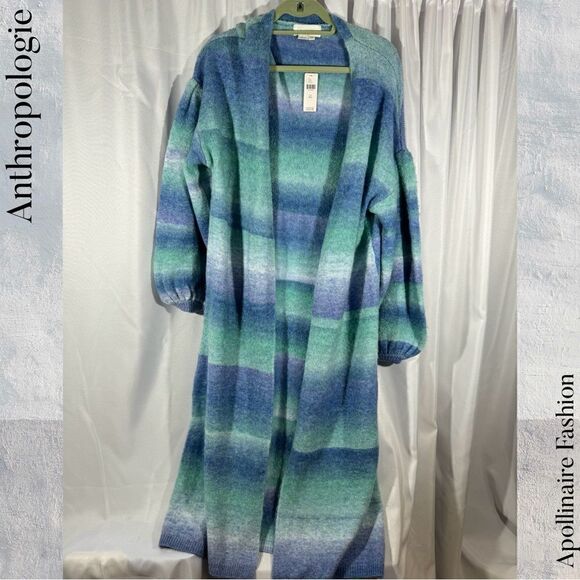ANTHROPOLOGIE OMBRÉ CARDIGAN STRIPED BLUE GREEN COMBO SWEATER ONE SIZE NWT - Picture 7 of 9